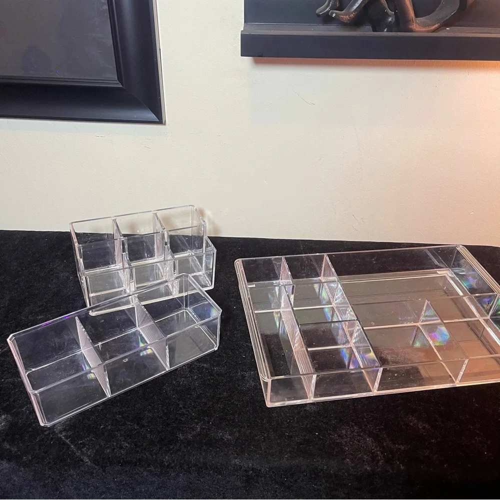 Set of 3 Clear Acrylic Organizer Trays | Vanity Makeup Desk Drawer Storage